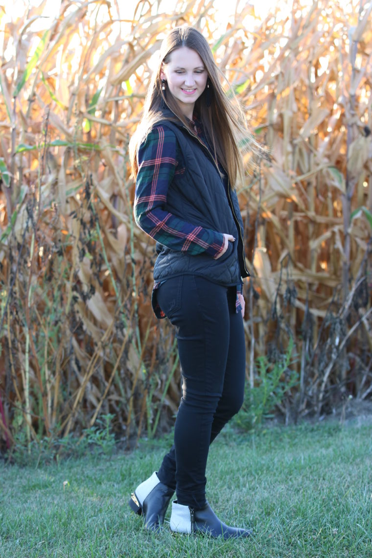 for the love of glitter, studded boots, black vest, plaid long sleeve, fall style