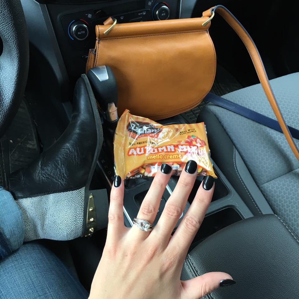 saddle crossbody bag, black nails, studded booties