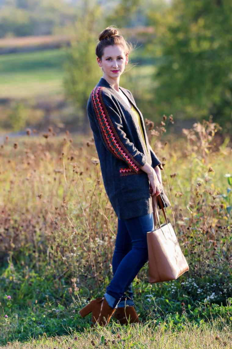 for the love of glitter, dark gray cardigan, fall style, jacquard cardigan