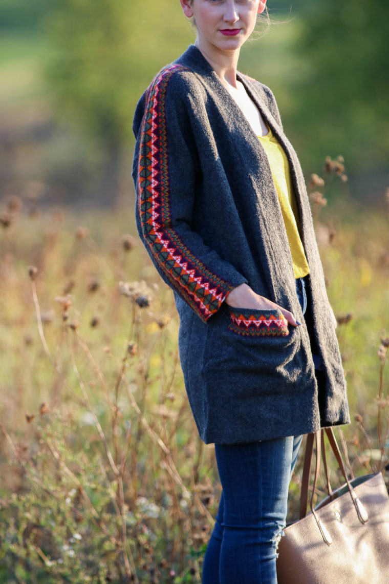 for the love of glitter, dark gray cardigan, fall sweater, jacquard sweater, women's fashion