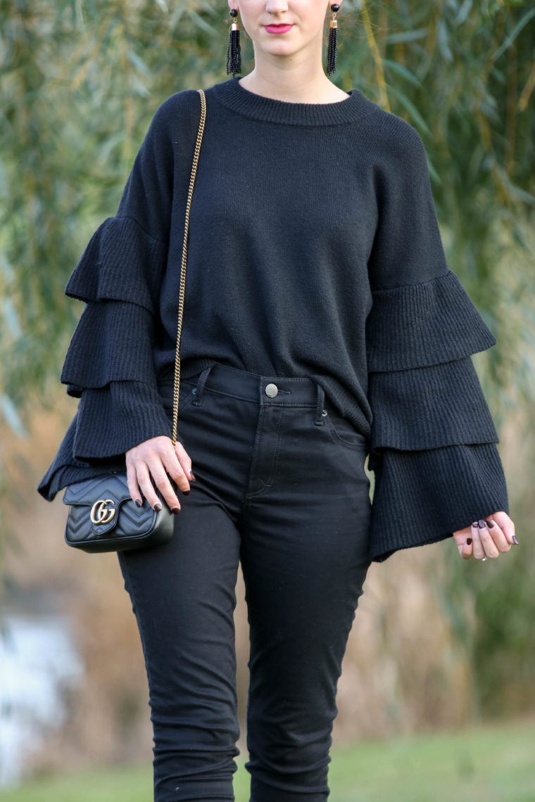 for the love of glitter, tired top, tiered sleeves, Gucci bag, black outfit, fall style, women's fashion