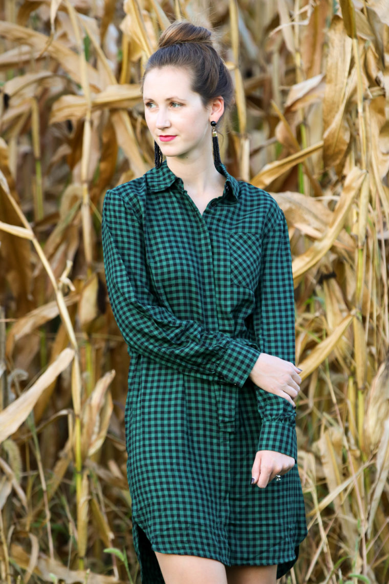 for the love of glitter, green gingham dress, fall style, shirt dress, women's fashion