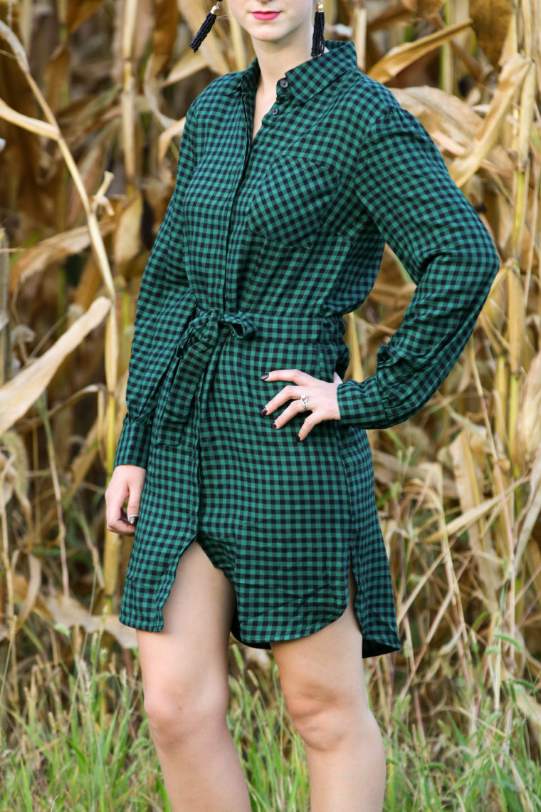 for the love of glitter, green gingham shirt dress, gingham dress, fall style, women's fashion