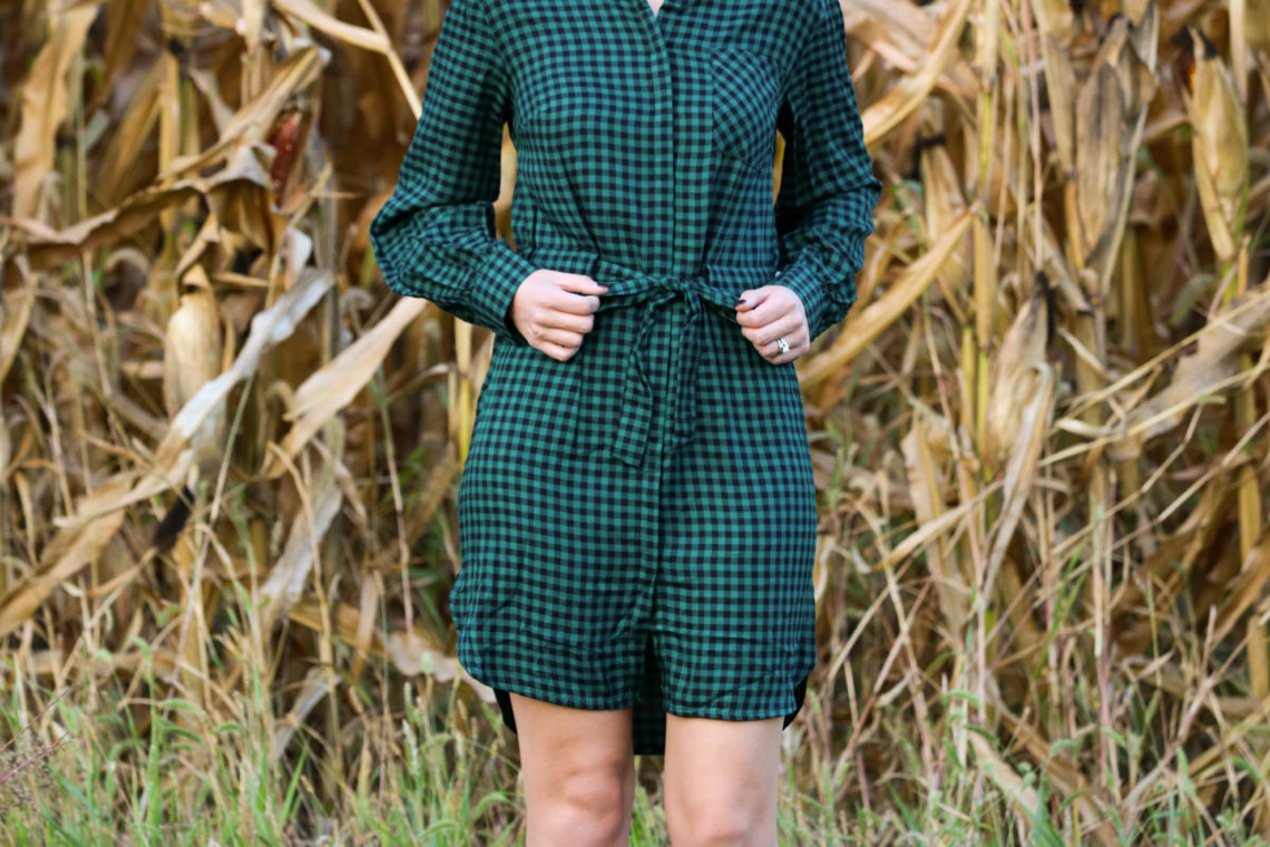 for the love of glitter, green gingham shirt dress, fall style, gingham dress, women's fashion