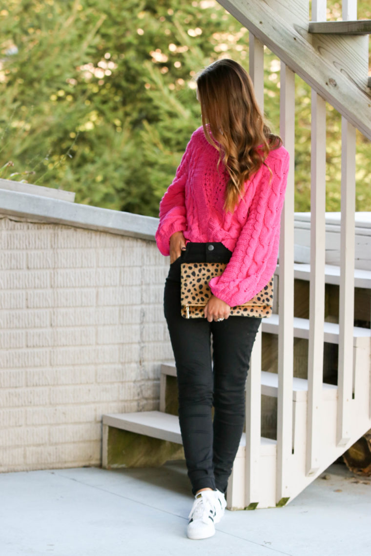 for the love of glitter, hot pink sweater, pink cable knit sweater, leopard clutch, black jeans, fall style
