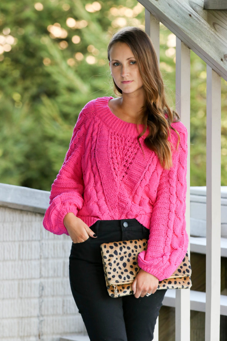 for the love of glitter, hot pink sweater, pink cable knit sweater, leopard clutch, fall style, women's fashion