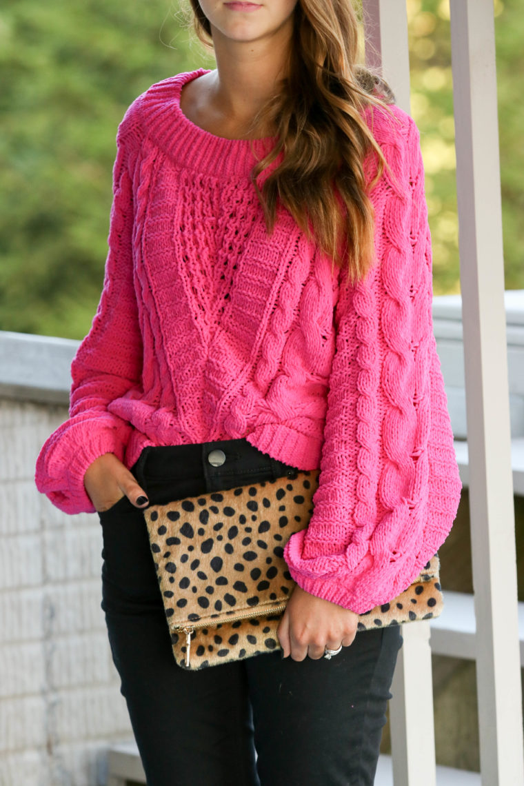 for the love of glitter, hot pink sweater, pink cable knit sweater, leopard clutch, black jeans, fall style, women's fashion