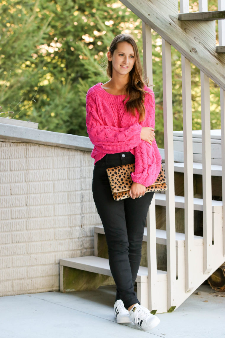 for the love of glitter, hot pink sweater, pink cable knit sweater, leopard clutch, fall style