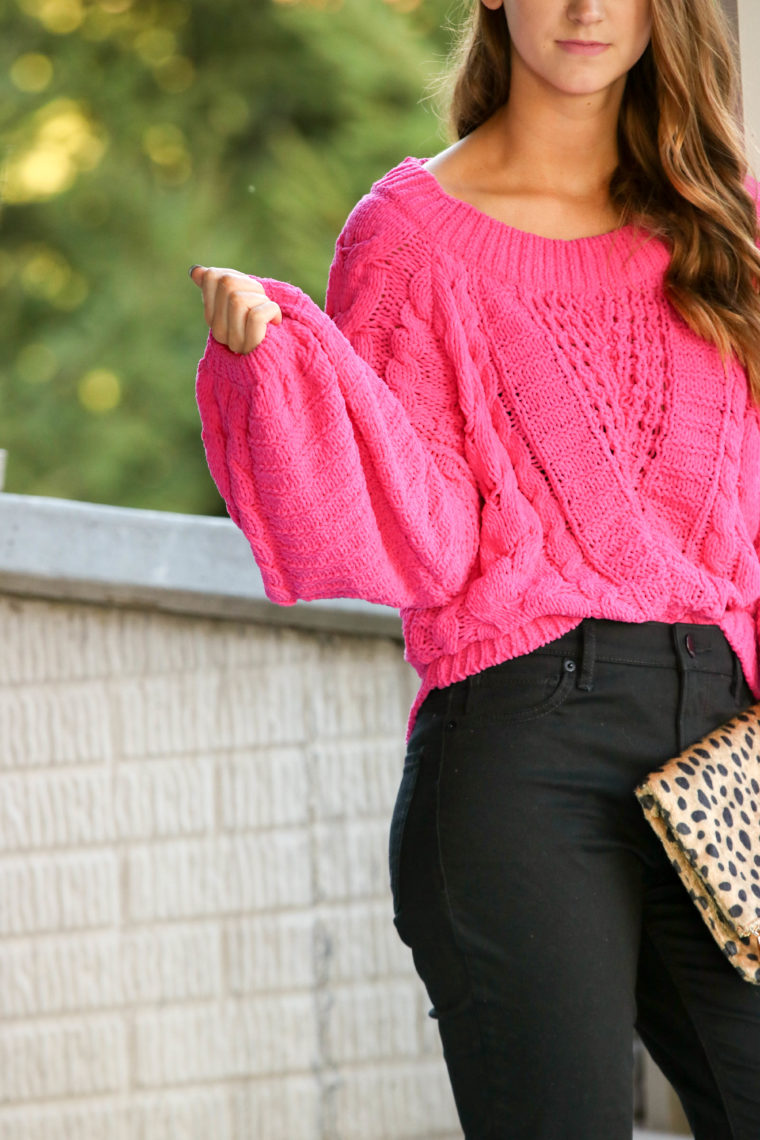 for the love of glitter, hot pink sweater, pink cable knit sweater, black jeans, fall style