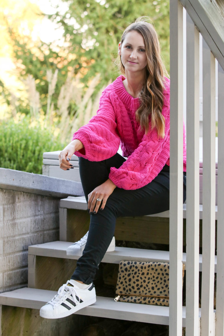 for the love of glitter, hot pink sweater, pink cable knit sweater, fall style 
