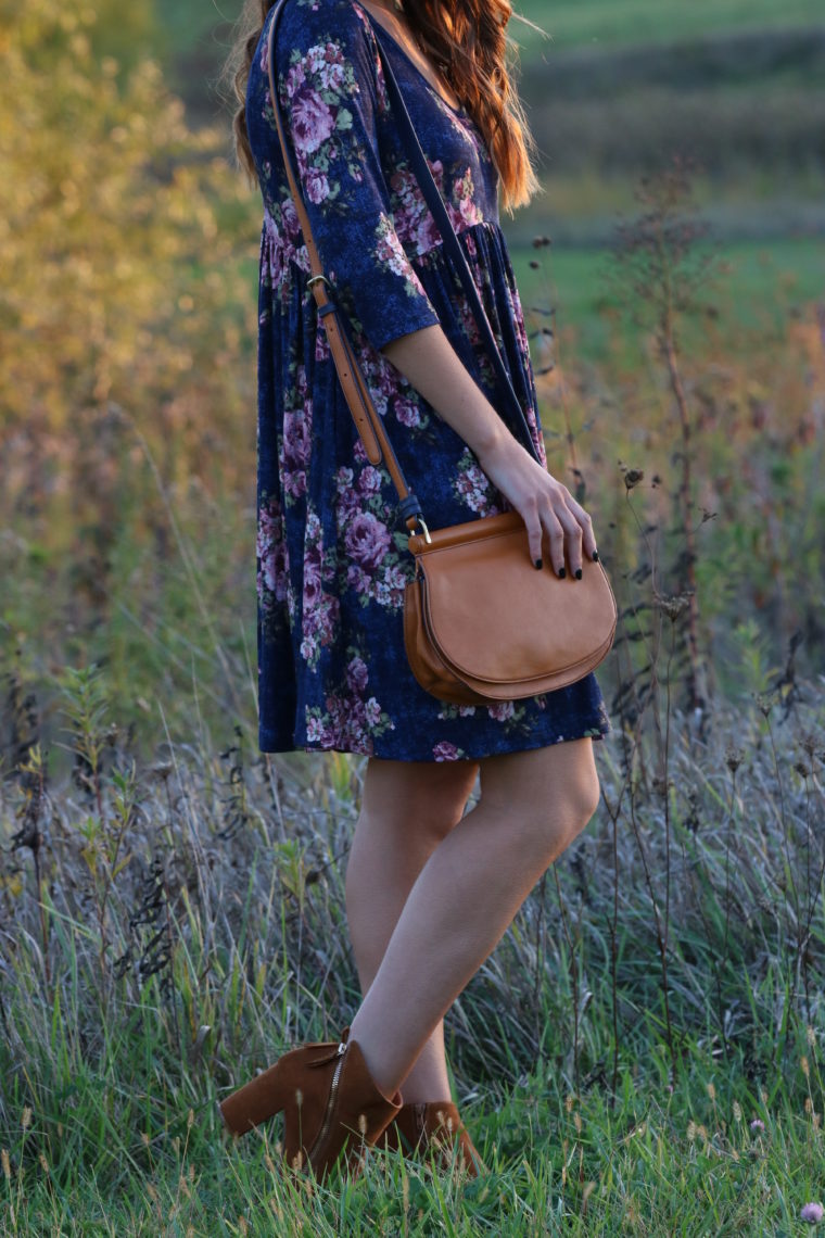for the love of glitter, blue floral dress, floral swing dress, brown saddle bag fall style, women's fashion