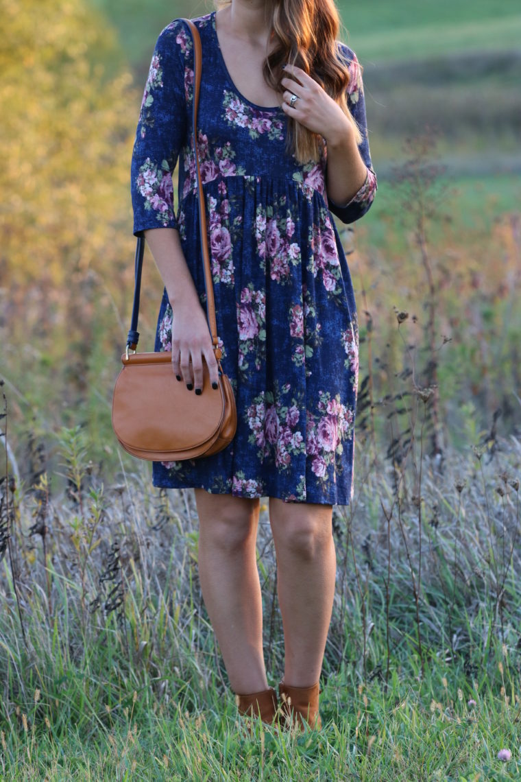 for the love of glitter, blue floral dress, fall style, Vera Bradley saddle bag