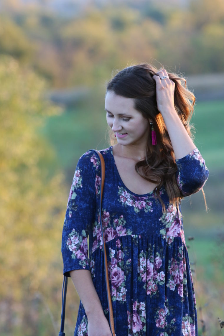 for the love of glitter, floral dress, pink tassel earrings