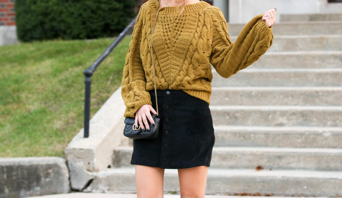 for the love of glitter, black Gucci bag, black suede skirt, cable knit sweater, fall style