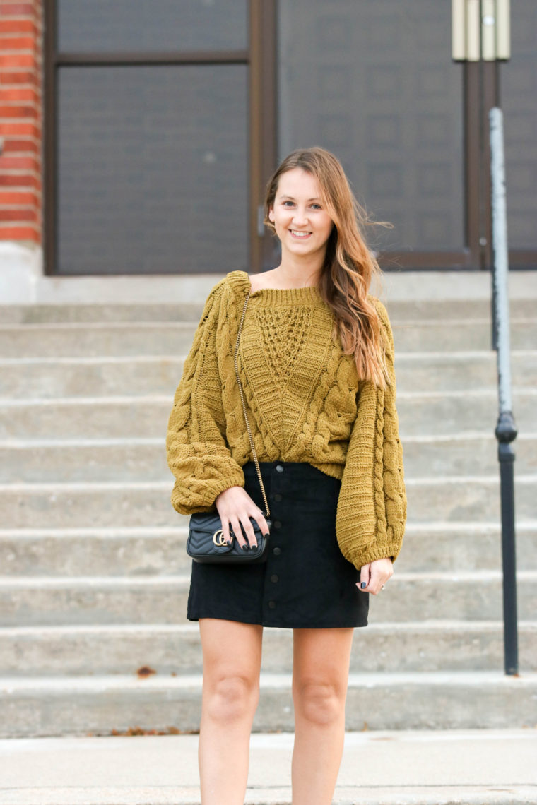 for the love of glitter, cable knit sweater, balloon sleeve sweater, black suede skirt, fall style