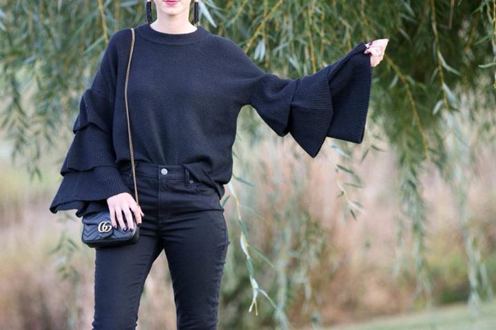 mini Gucci bag, tiered bell sleeves, black blouse, fall style