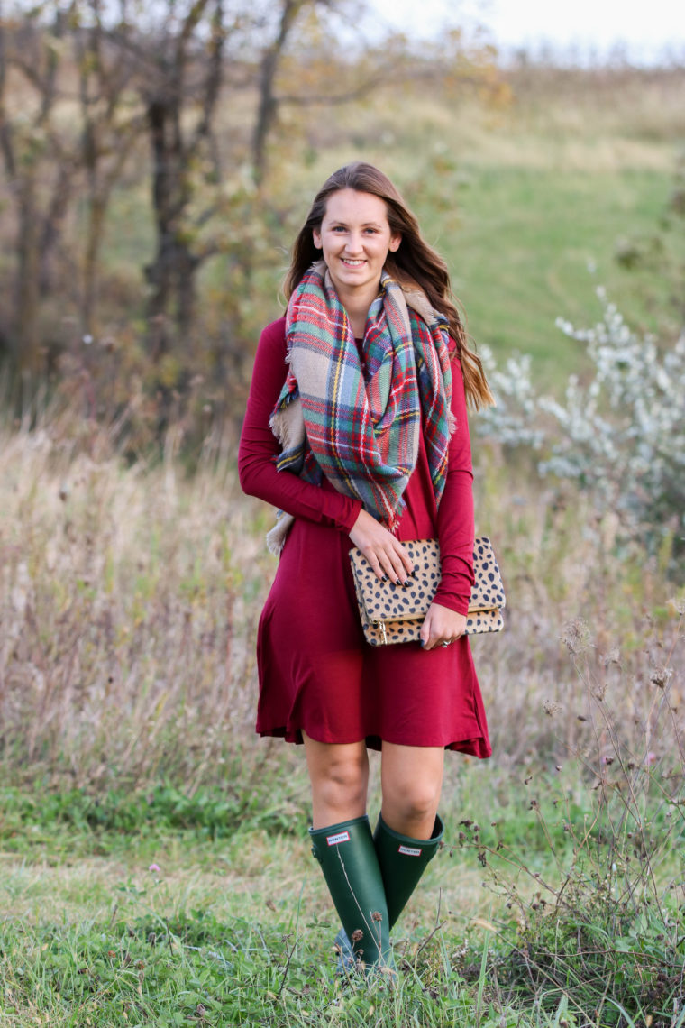 for the love of glitter, plaid blanket scarf, burgundy dress, Hunter boots, fall style