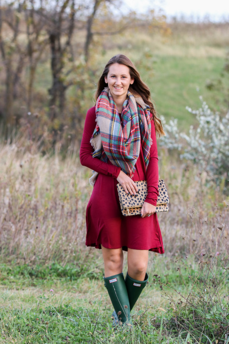 Sweater Dress and Blanket Scarf and Hunter Boots