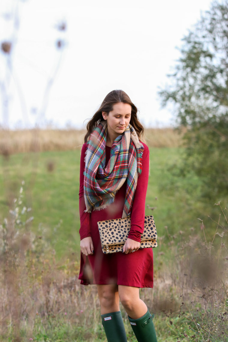 for the love of glitter, burgundy dress, plaid blanket scarf, fall style
