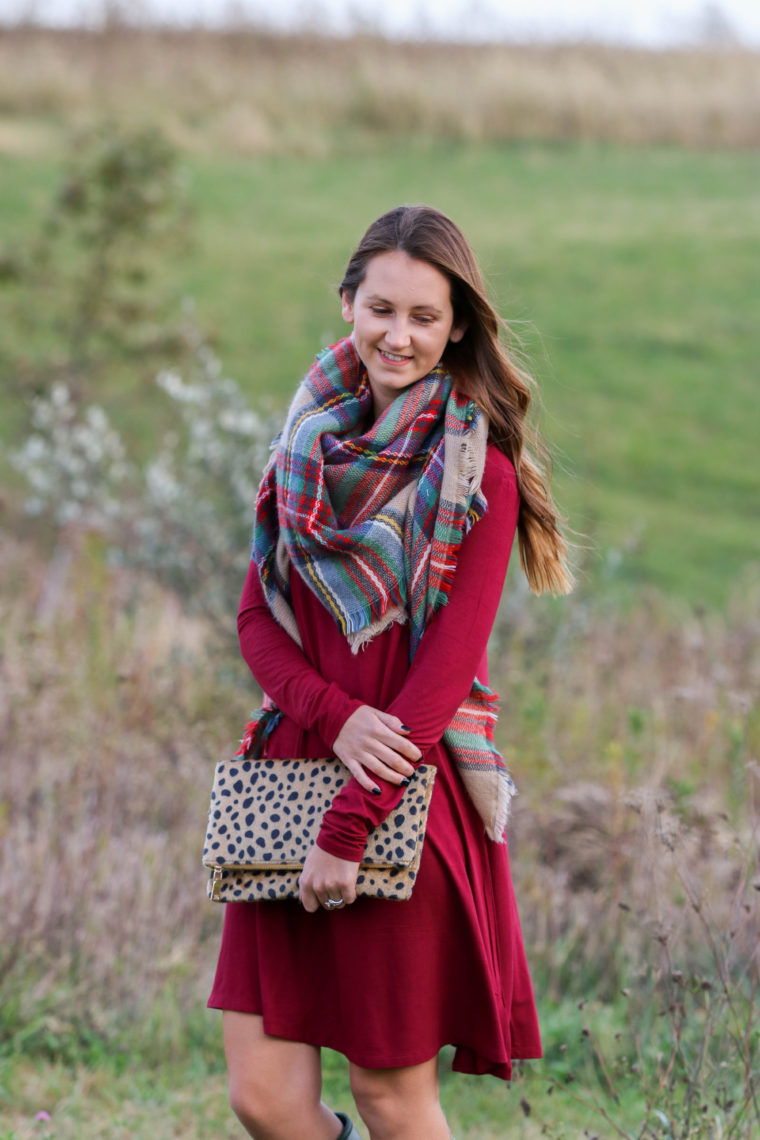 for the love of glitter, plaid blanket scarf, leopard clutch, burgundy dress, fall style