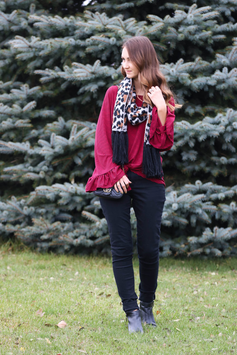 for the love of glitter, stripe top, leopard scarf, bell sleeves, holiday style