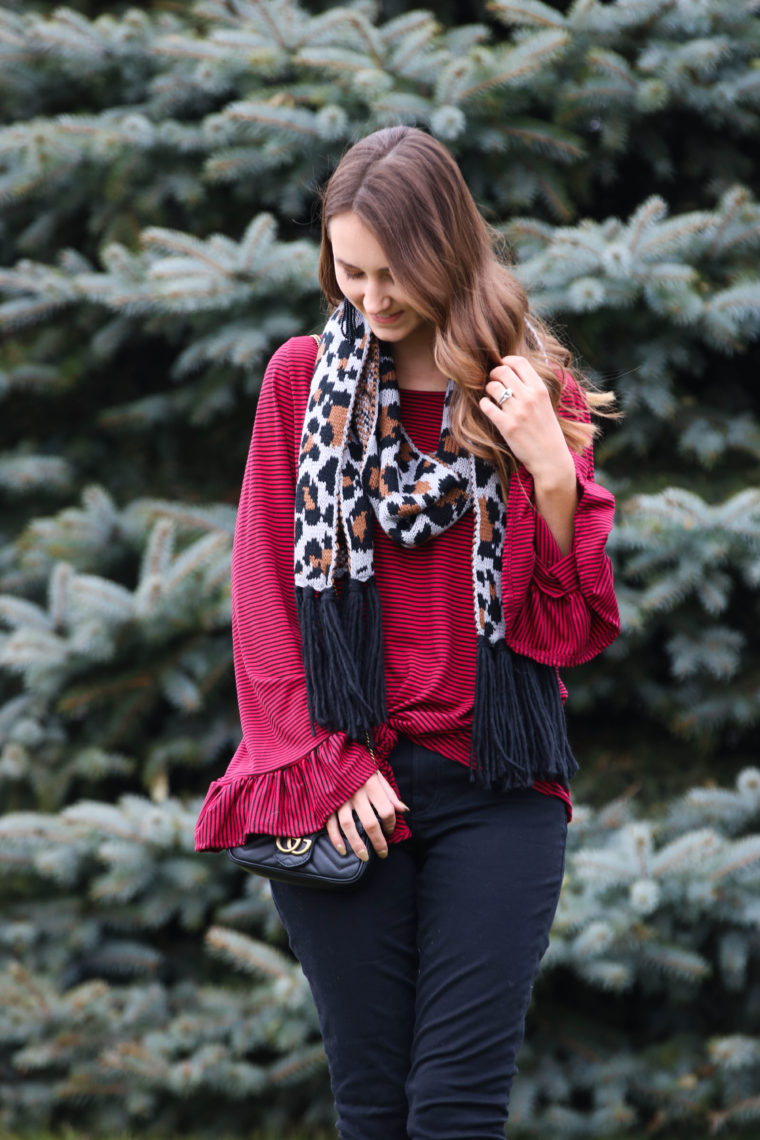 for the love of glitter, holiday style, leopard scarf, bell sleeve top