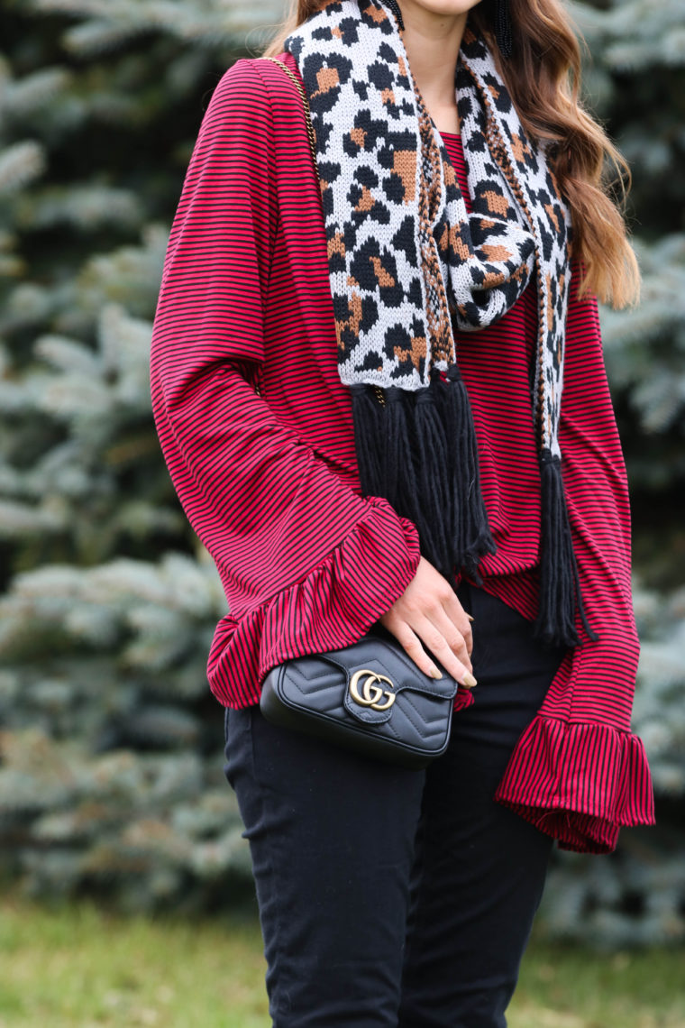 for the love of glitter, Gucci bag, bell sleeve top, leopard scarf, holiday style