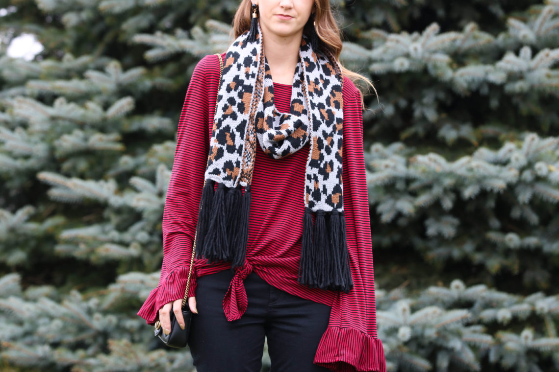 for the love of glitter, leopard scarf, bell sleeve top, holiday style