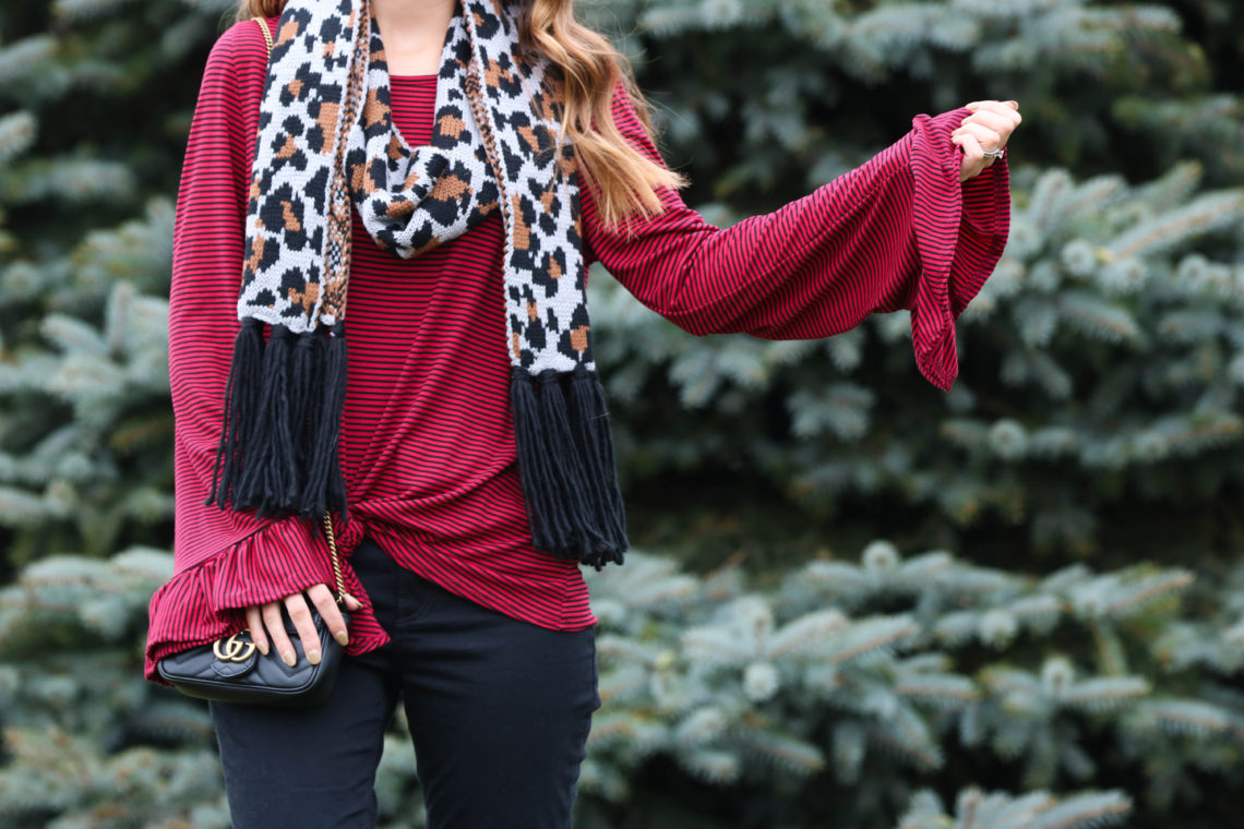 for the love of glitter, bell sleeve top, stripe top, leopard scarf. holiday style