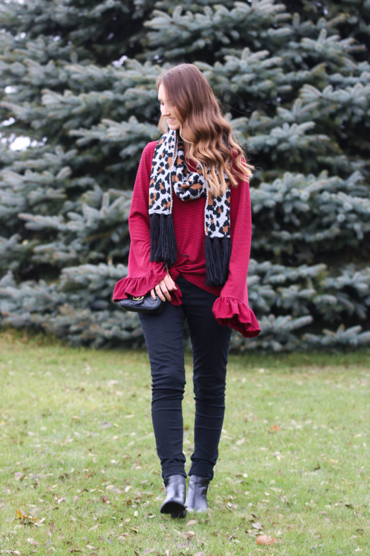 for the love of glitter, leopard scarf, stripe bell sleeve top, holiday style