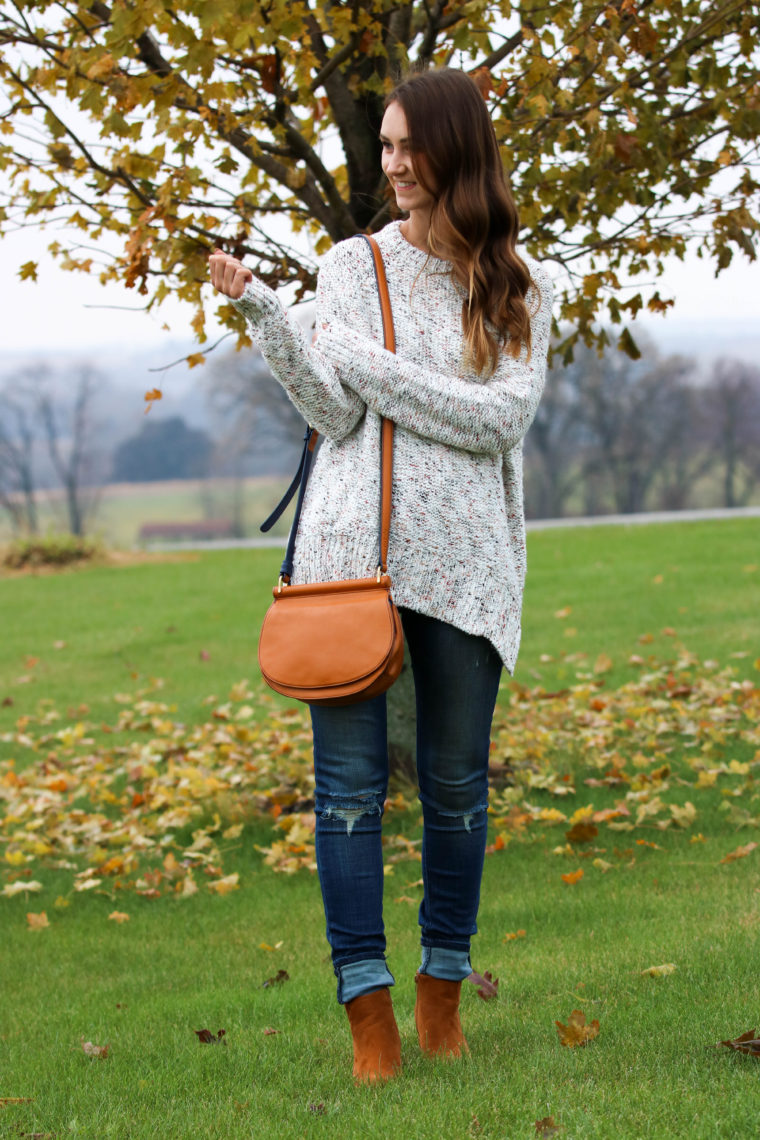 for the love of glitter, pullover sweater, saddle bag, brown booties
