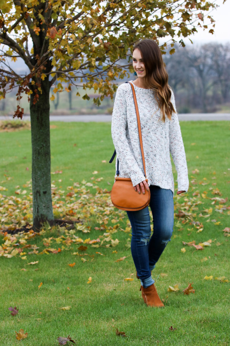 for the love of glitter, pullover sweater, fall style, saddle bag, brown booties