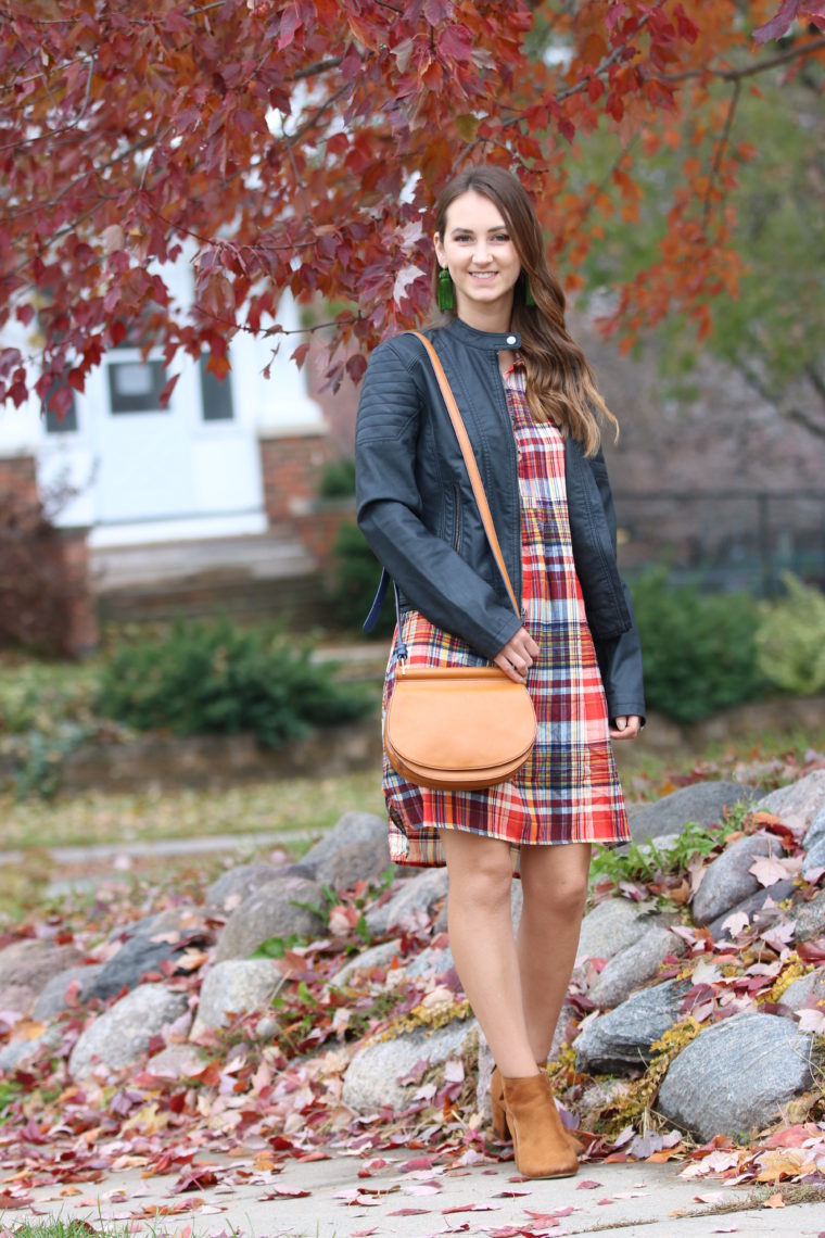 for the love of glitter, plaid dress, black moto jacket, Thanksgiving outfit, saddle bag