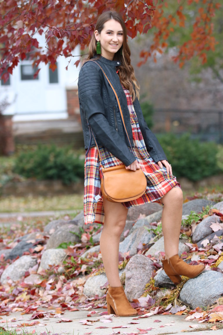 for the love of glitter. orange plaid dress, Thanksgiving outfit, Vera Bradley saddle bag, fall style