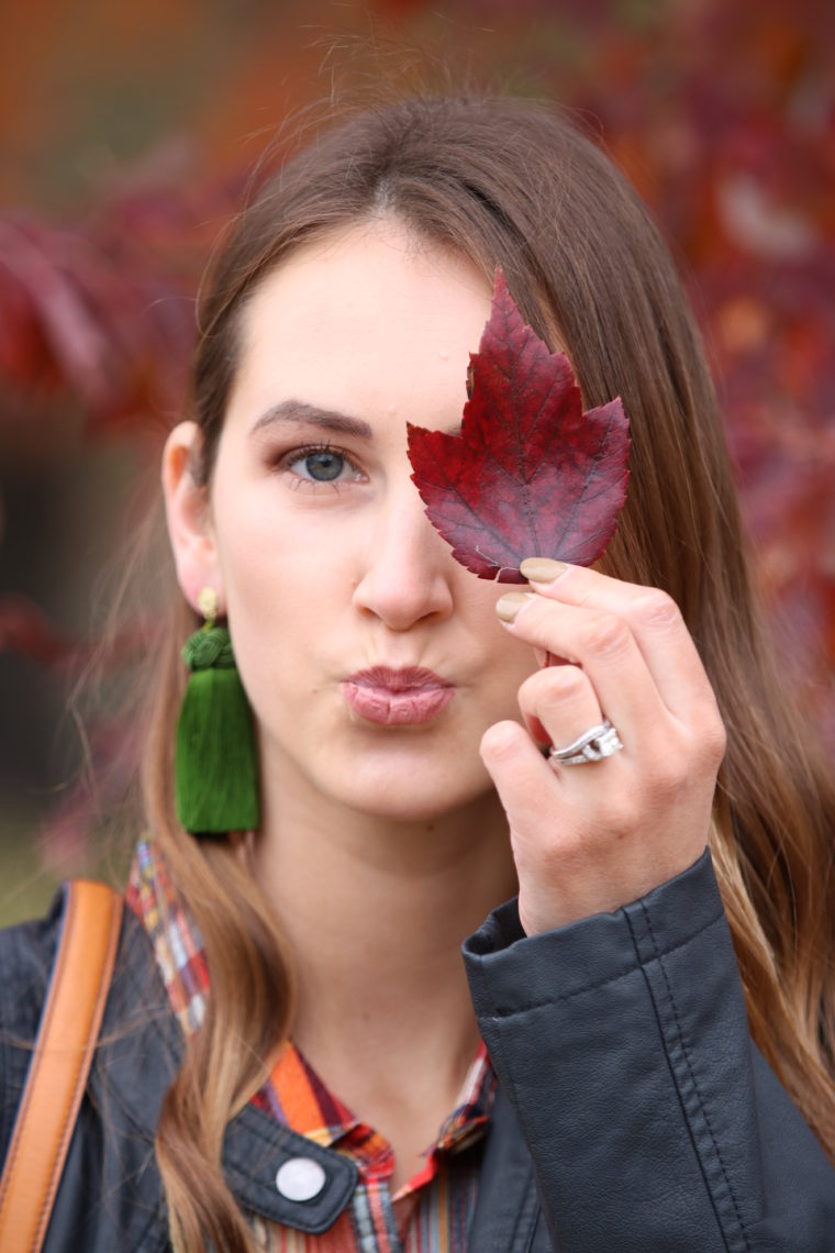 for the love of glitter, green tassel earrings, foilage, red leaf