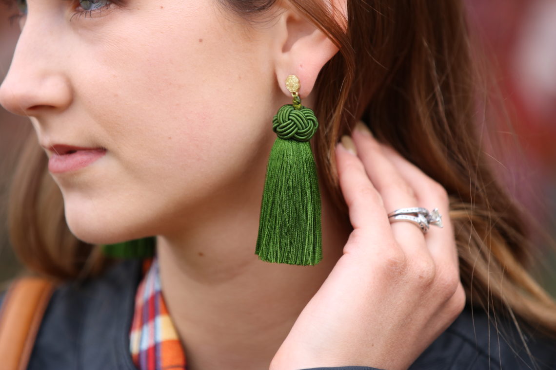for the love of glitter, green tassel earrings, fall style, women's fashion
