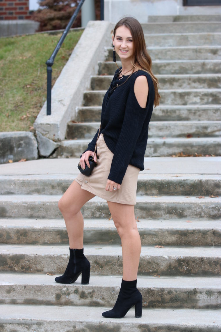 for the love of glitter, black sock booties, tan suede skirt, fall style