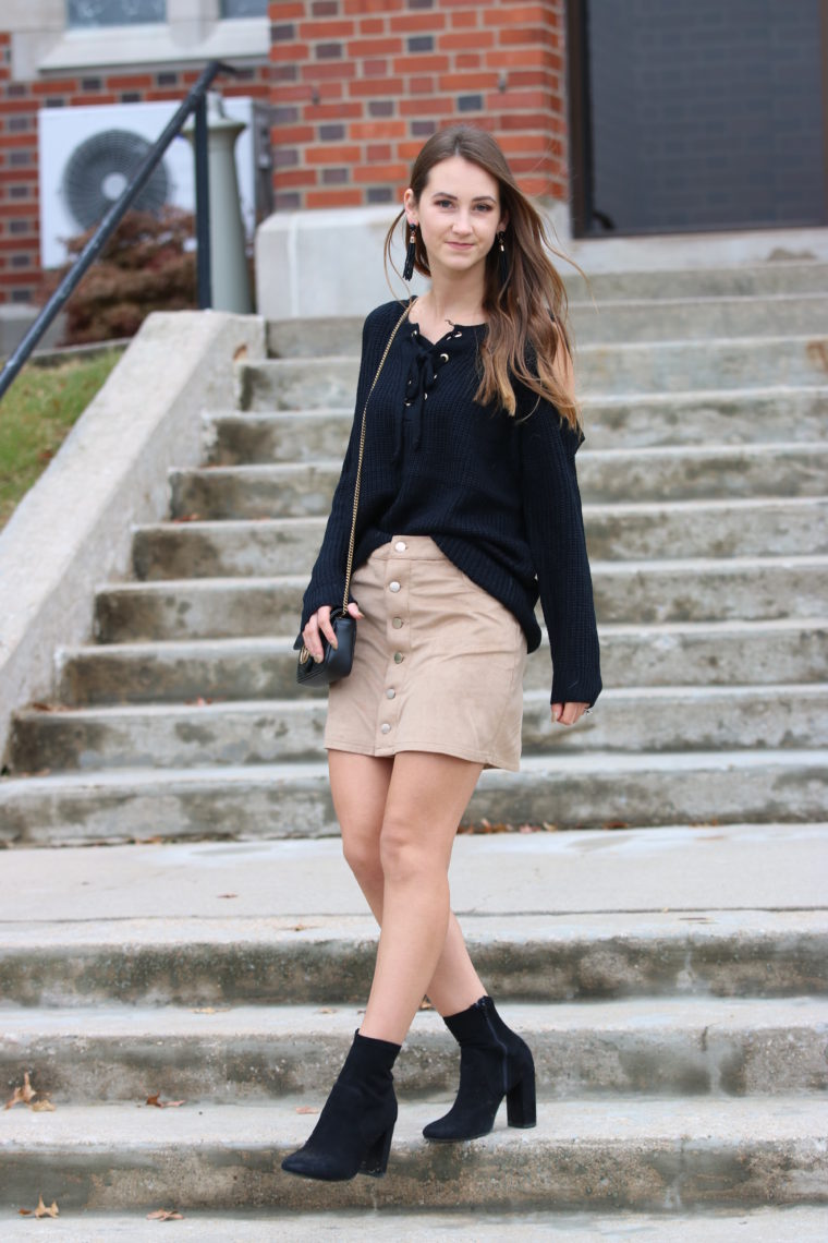 for the love of glitter, lace up sweater, cold shoulder top, fall style, suede skirt