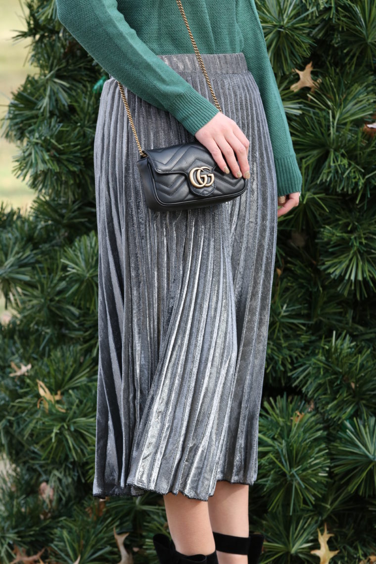 for the love of glitter, black Gucci bag, silver pleated skirt