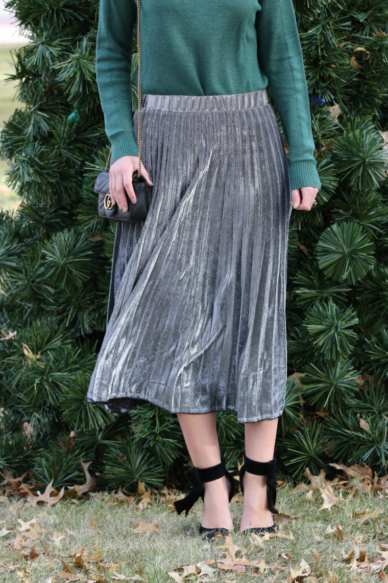 for the love of glitter, silver pleated skirt, holiday style