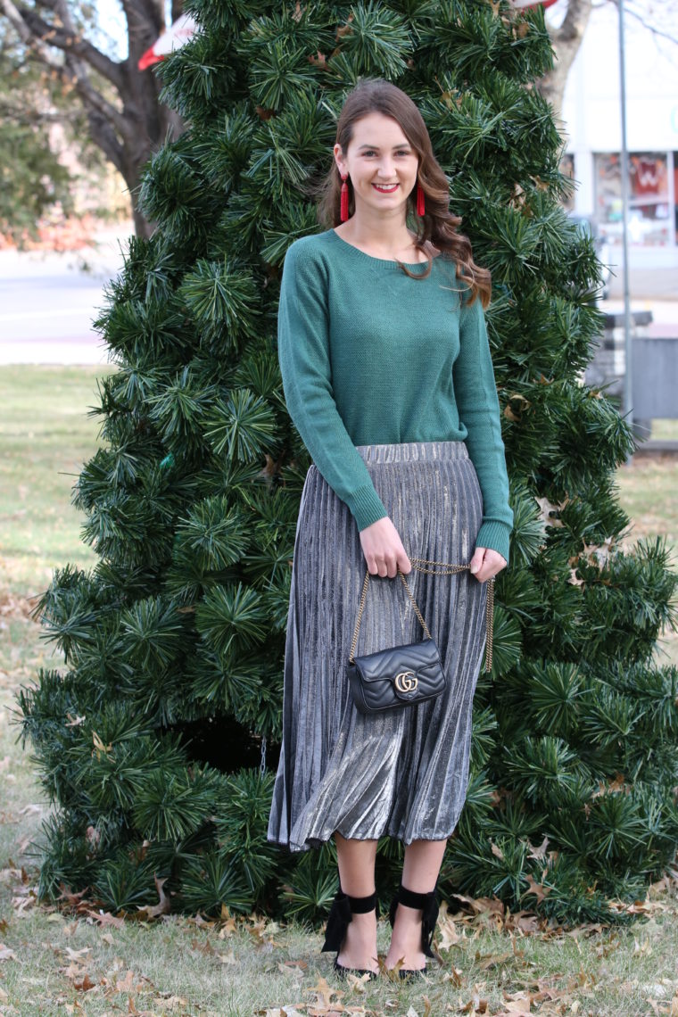 for the love of glitter, metallic skirt, pleated skirt, bow heels. holiday style