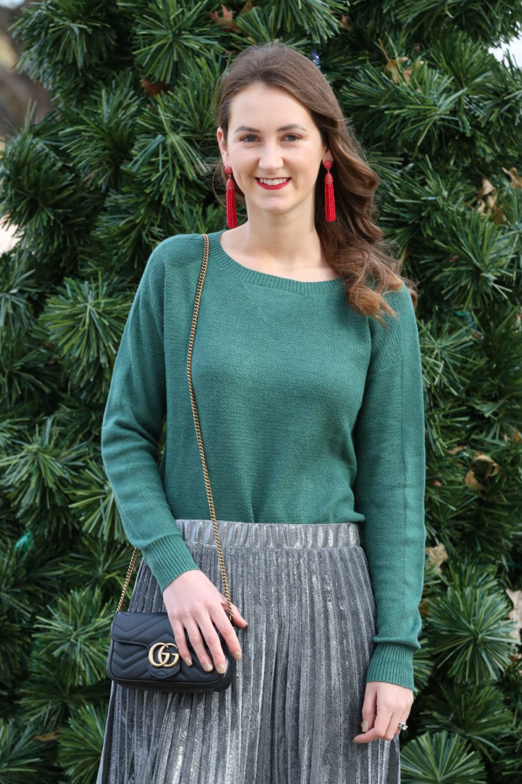 for the love of glitter, green sweater, sliver metallic skirt, Gucci bag, holiday style