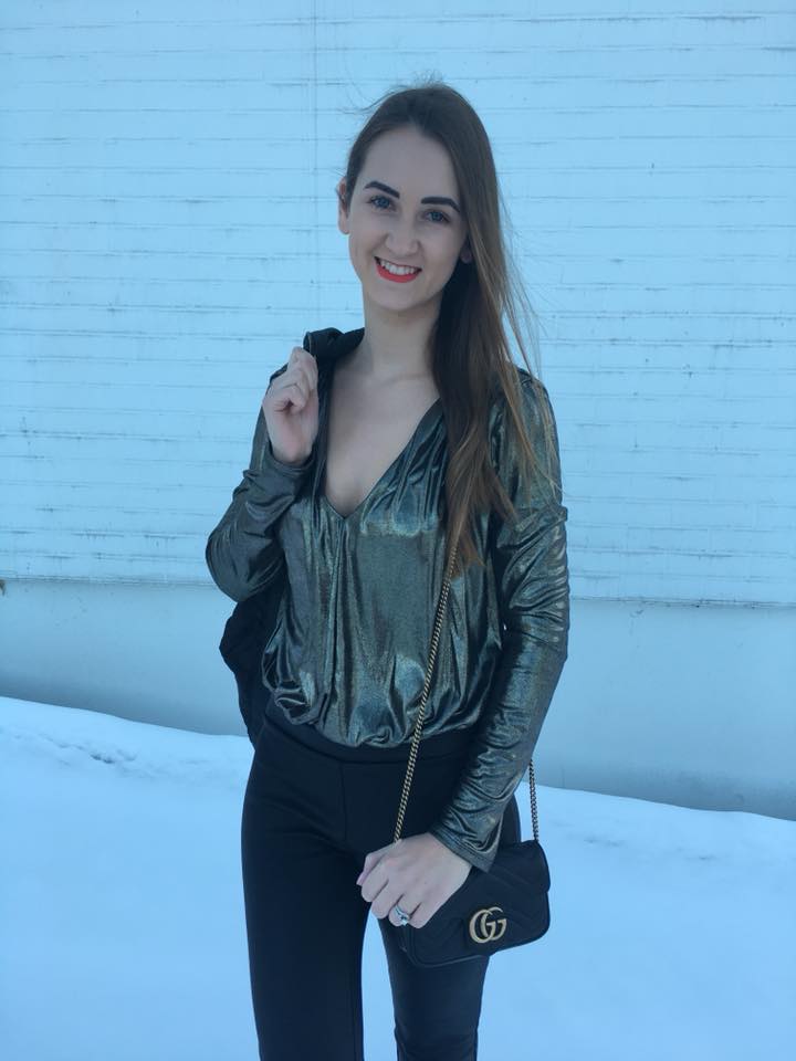 Gucci bag, metallic bodysuit, NYE outfit, NYE look 