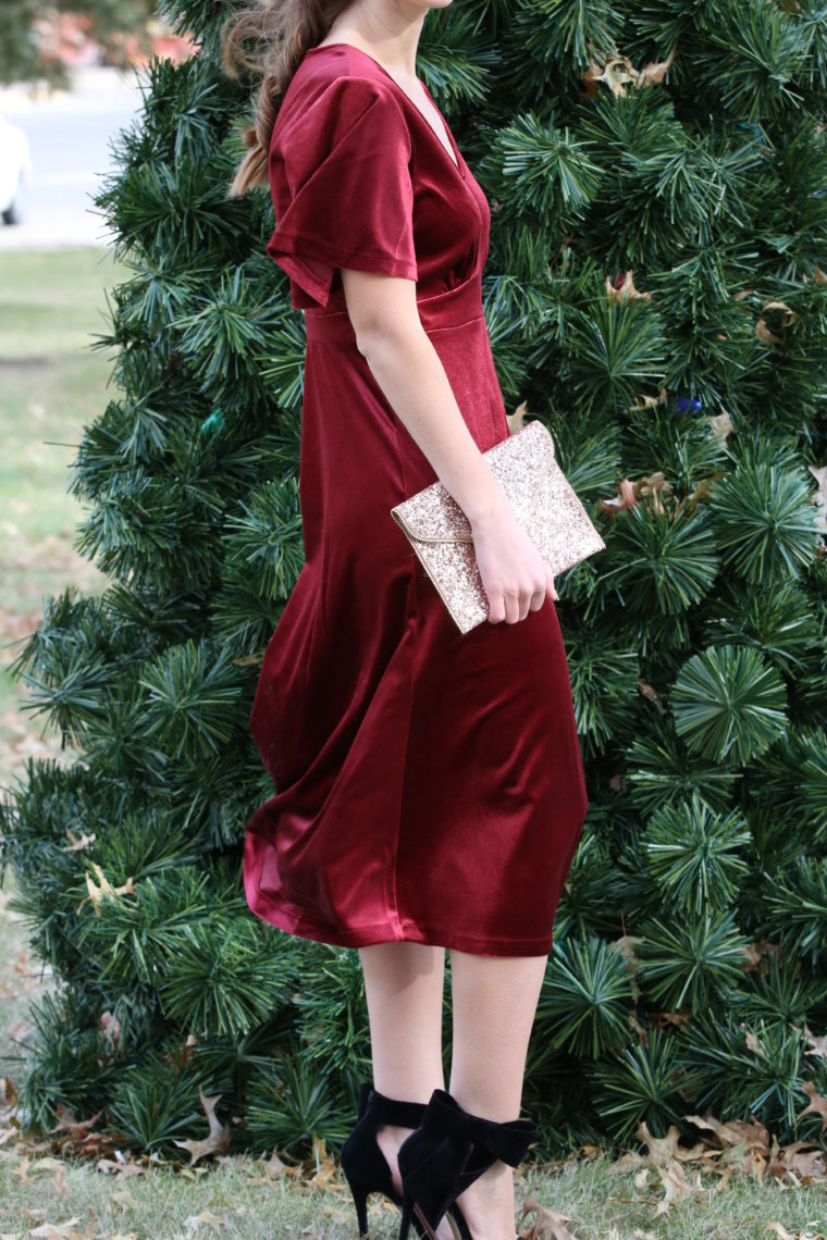 fit & flare velvet dress, black bow heels, holiday style