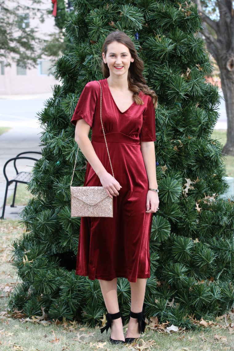 velvet dress. holiday style, bow heels, for the love of glitter