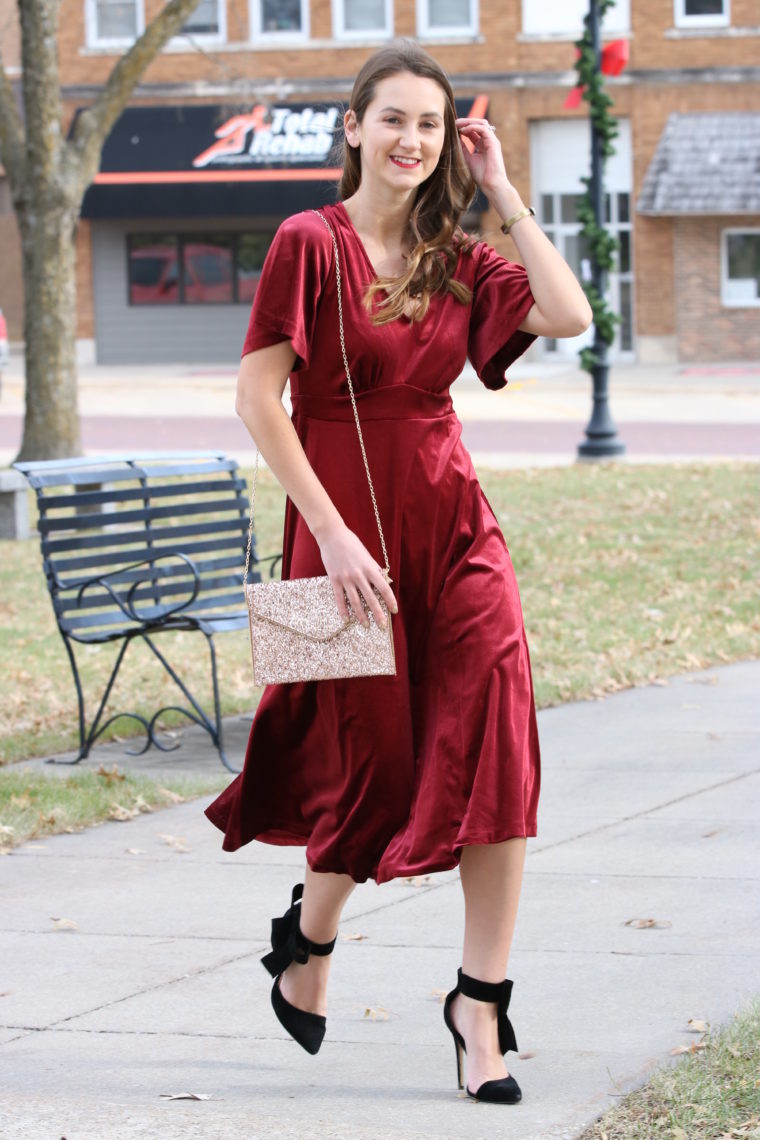 burgundy velvet dress, black bow heels, holiday style