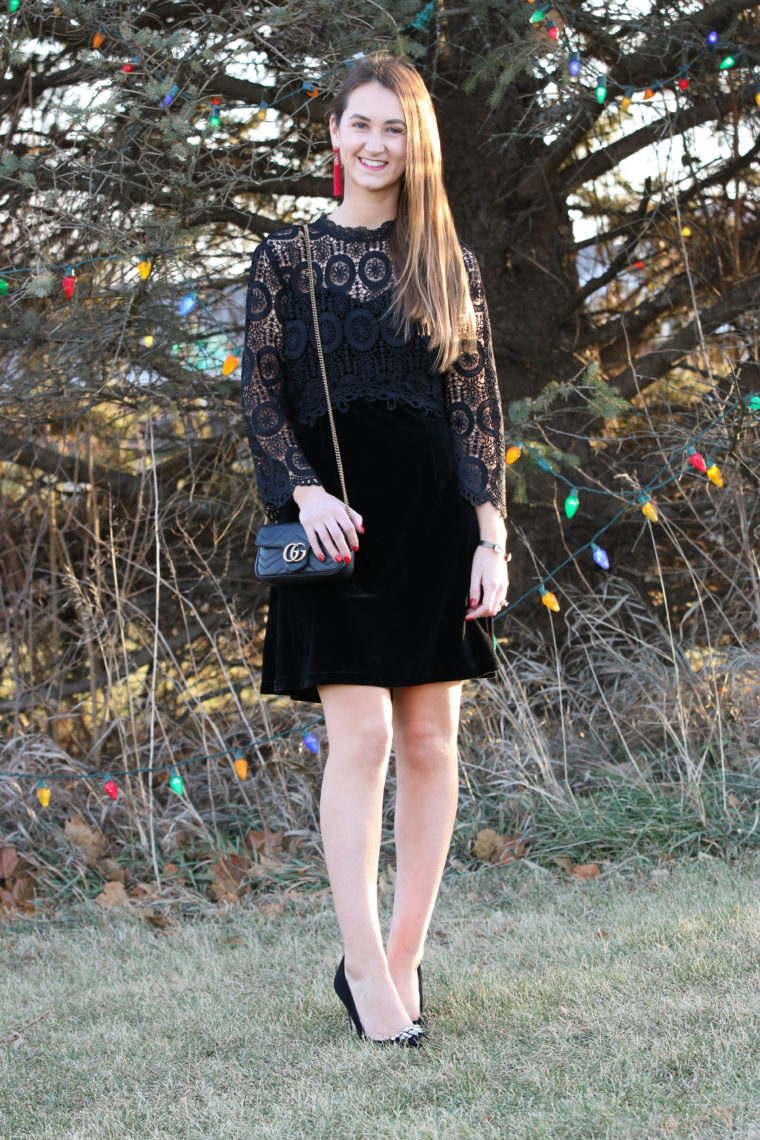 for the love of glitter, black crochet dress, NYE dress, holiday style