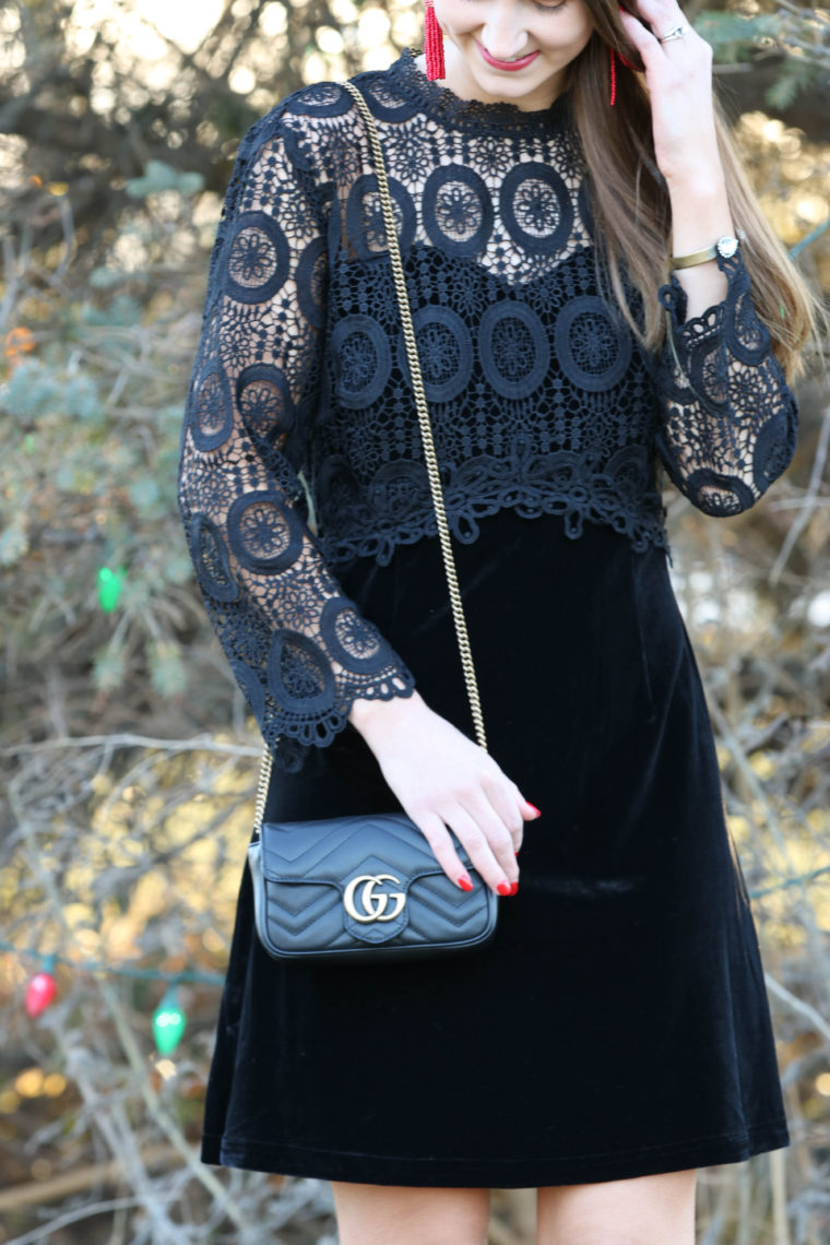 for the love of glitter, velvet crochet dress, Gucci bag, holiday style, NYE dress