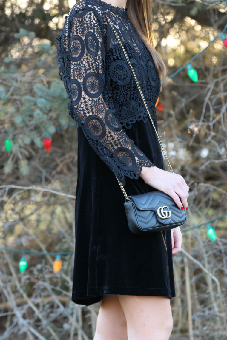 for the love of glitter, velvet crochet dress, Gucci bag, holiday style, NYE dress