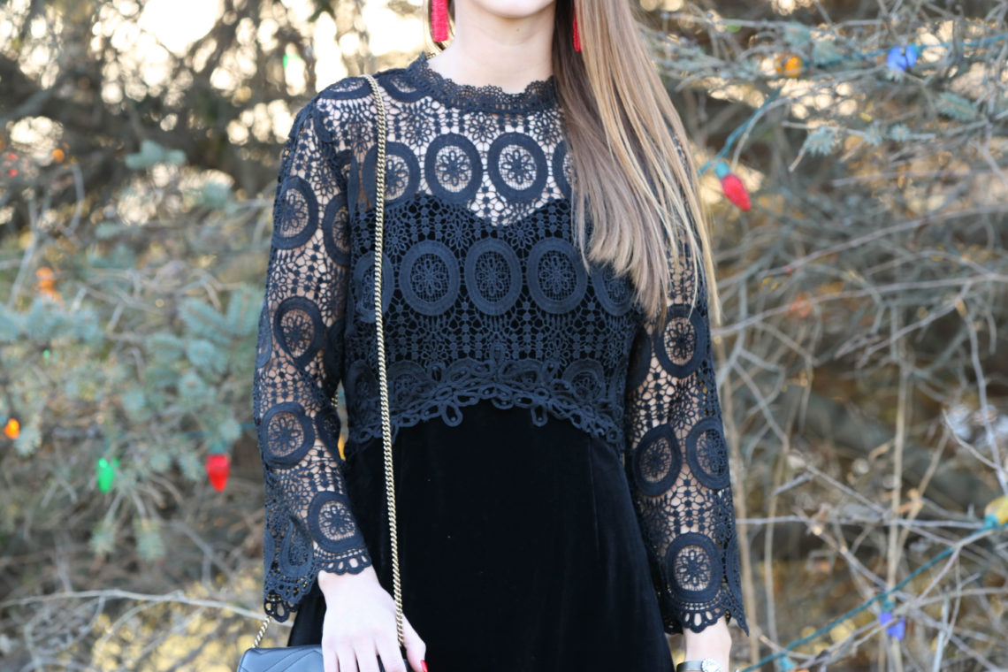 for the love of glitter, black crochet dress, velvet dress, holiday style